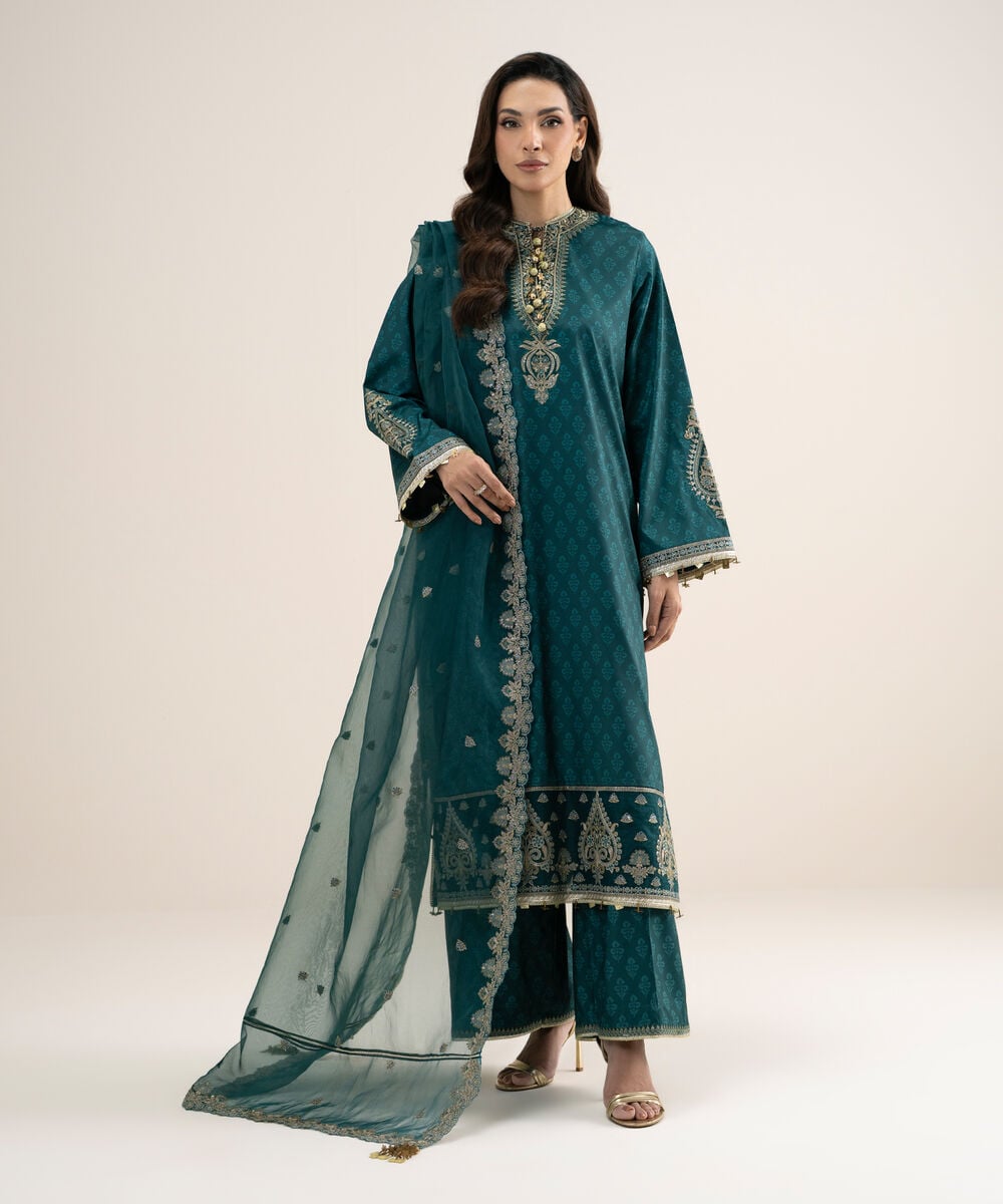 Women's Unstitched Printed Blended Grip Silk Green 3 Piece Suit