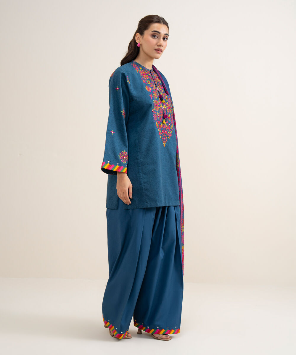 Women's Unstitched Lawn Embroidered Blue 3 Piece Suit