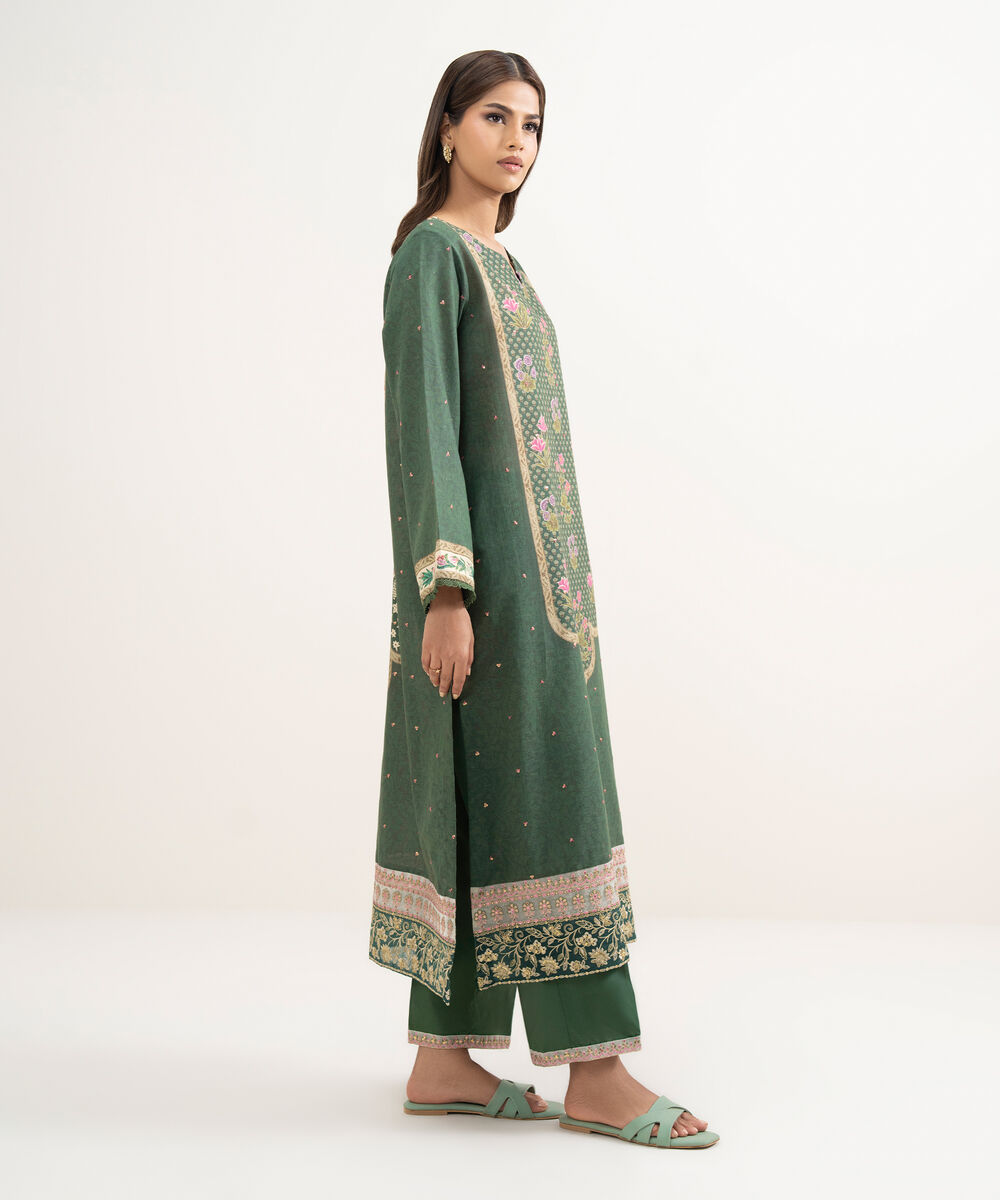 Women's RTW Zari Cotton Embroidered Green A-Line Shirt