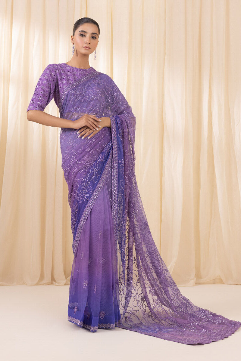 3 Piece -  Embroidered Net Saree