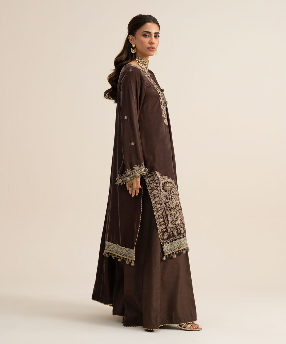 Women's Unstitched Velvet Embroidered Brown 3 Piece Suit