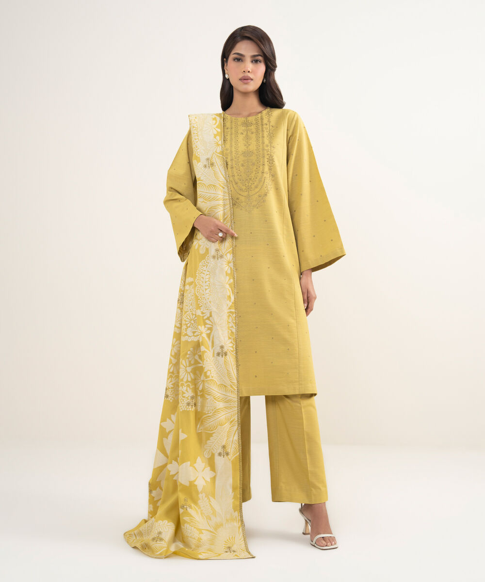 Women's Unstitched Zari Khaddar Yellow  3 Piece Suit