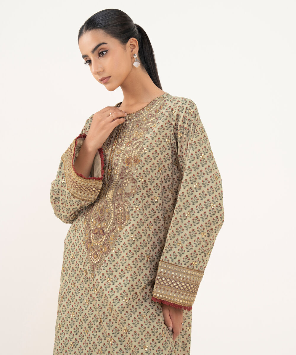 Women's RTW Textured Lawn Beige Embroidered A-Line Shirt