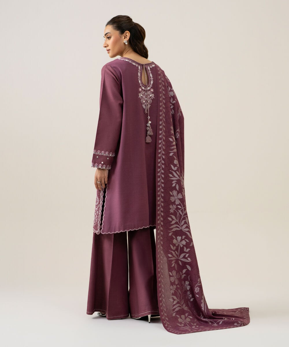 Women's Unstitched Light Khaddar Embroidered Purple 3 Piece Suit