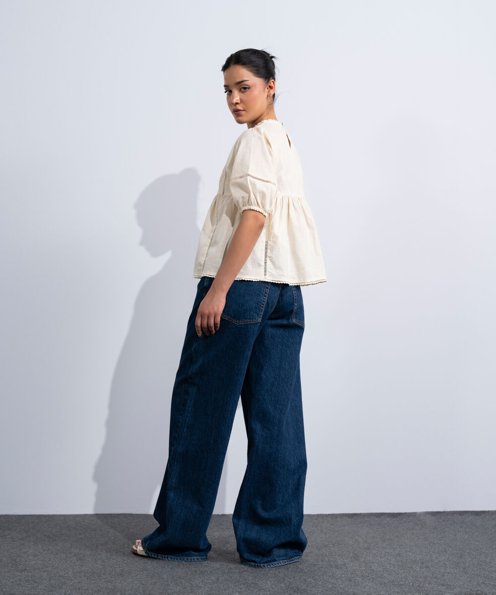 Women's Western Off-White Embroidered Top With Puffed Sleeve