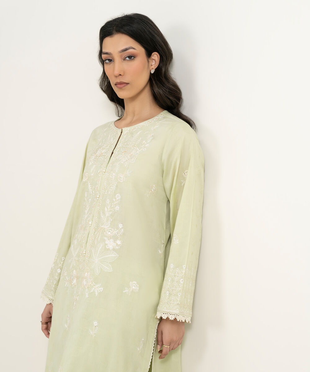 Women's RTW Self Jacquard Embroidered Mint Green A-Line Shirt
