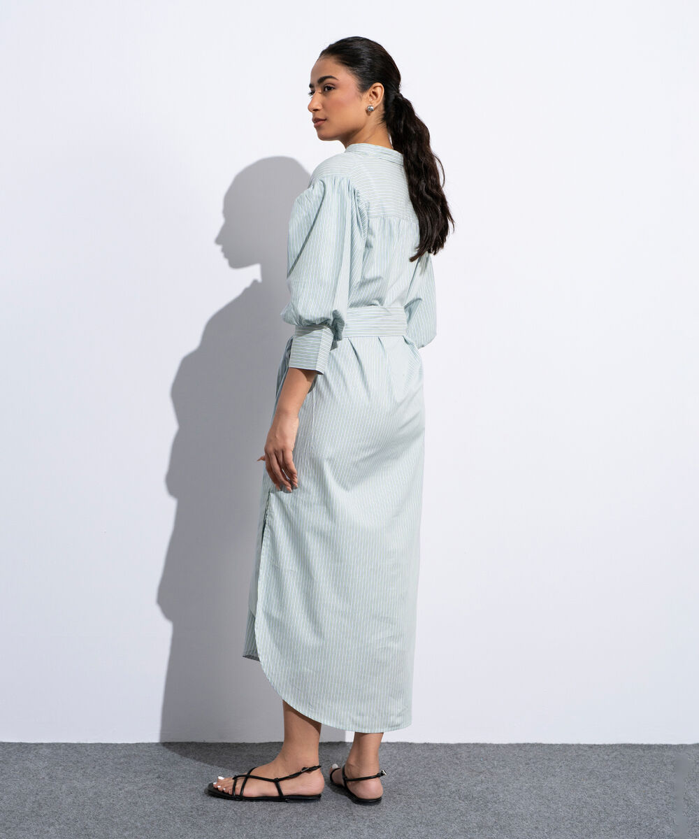 Women's Multi Striped Poplin Dress With Puffed Sleeves