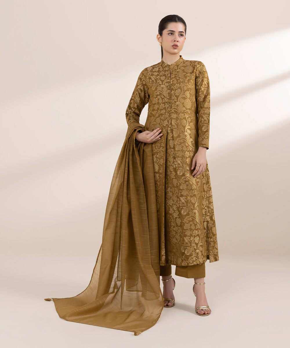 Women's RTW Extra Weft Jacquard Brown Solid Peshwas