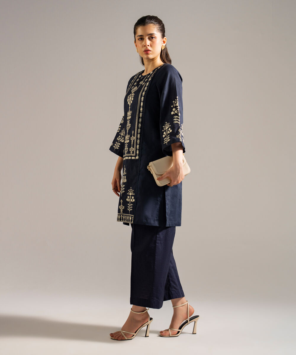 Women's RTW Self Jacquard Embroidered Blue 2 Piece Suit