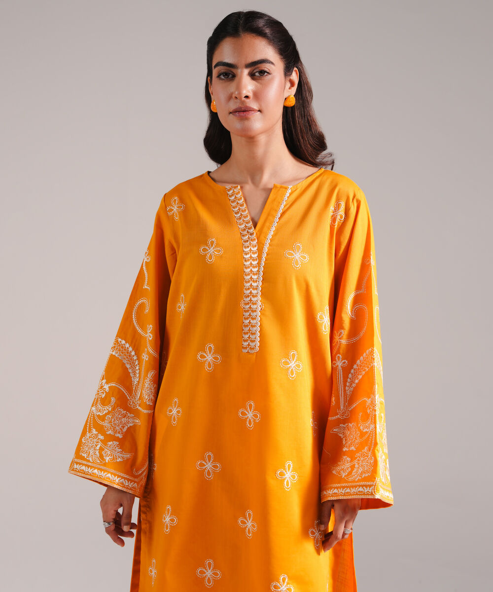 Women's RTW Crosshatch Embroidered Orange Straight Shirt