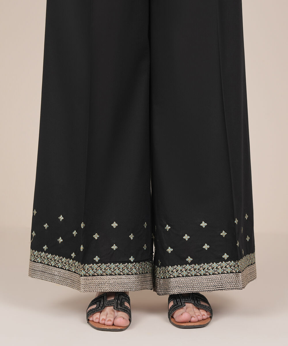 Women's RTW Cambric Black Embroidered Flared Pants