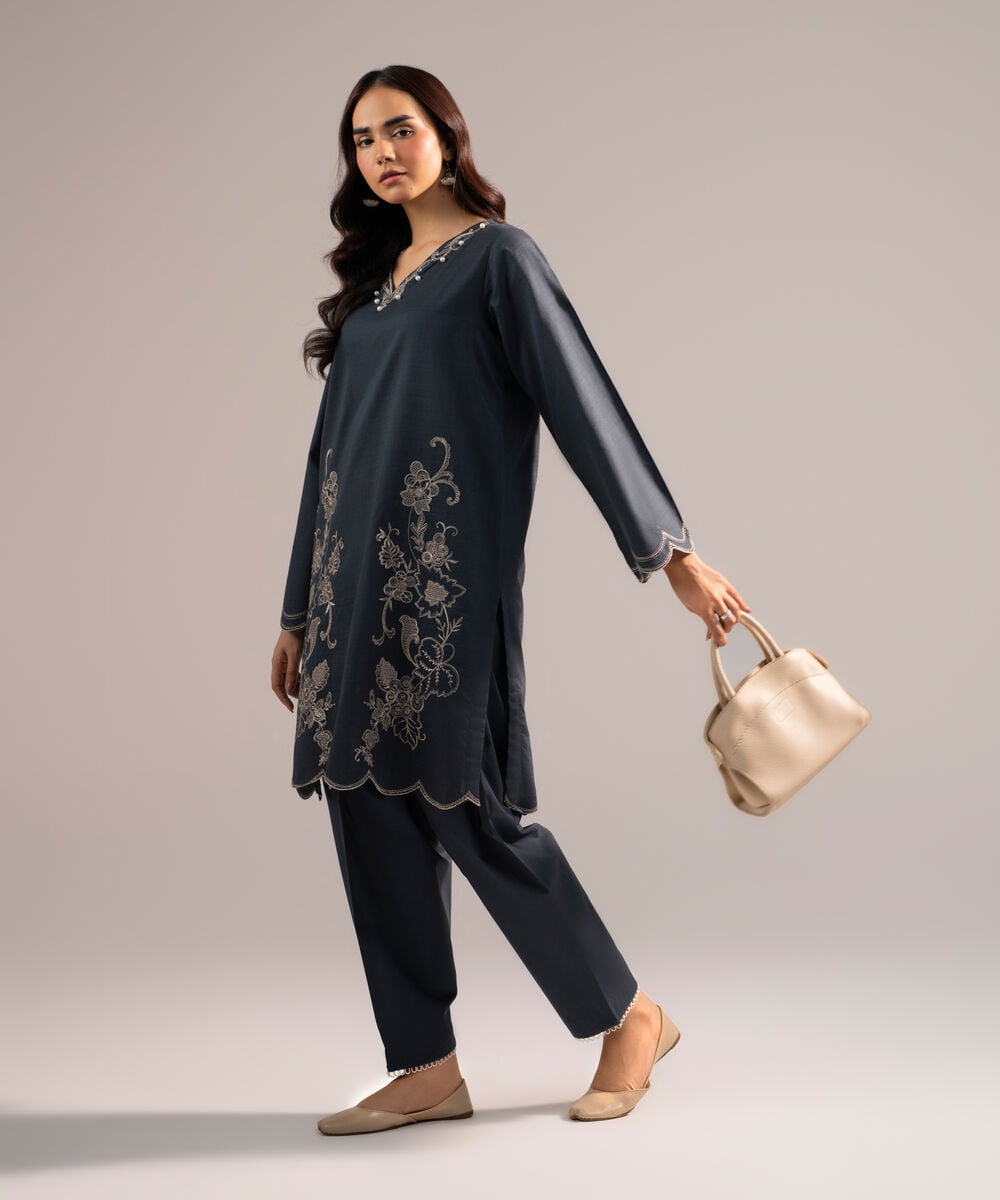 Women's RTW Dobby Embroidered Charcoal Grey Straight Shirt