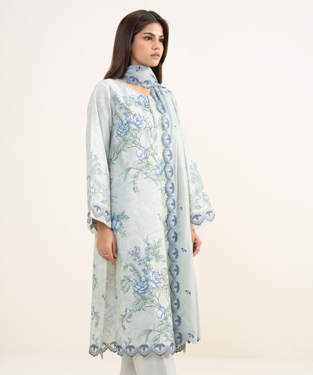 Women's Unstitched Lawn Embroidered Grey 3 Piece Suit