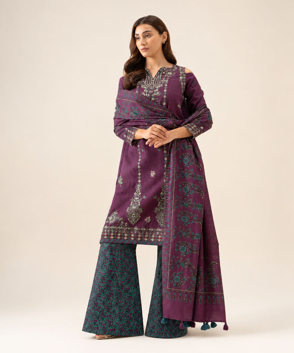 Women's Unstitched Light Khaddar Embroidered Plum 3 Piece Suit