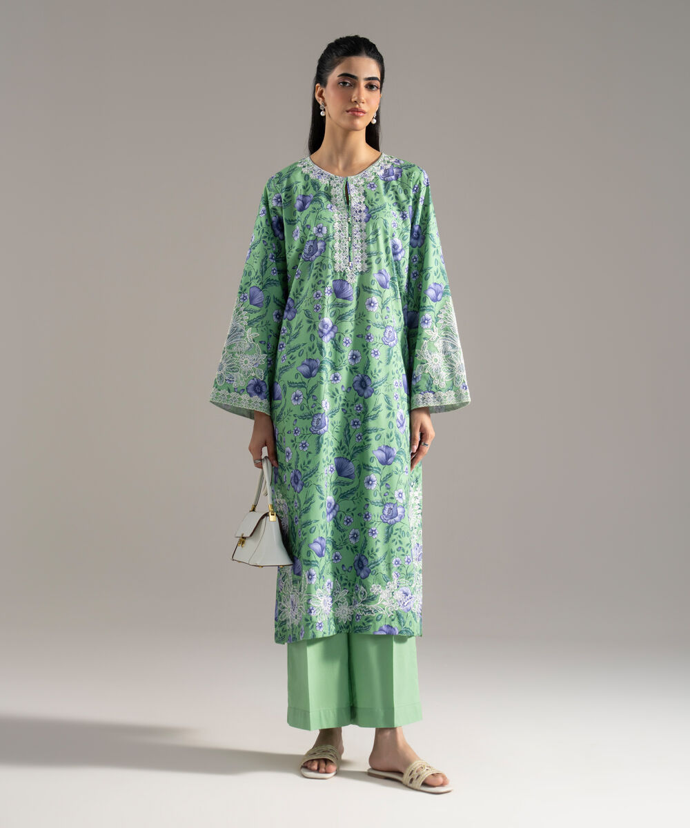 Women's RTW Cotton Viscose Printed Embroidered Green 2 Piece Suit