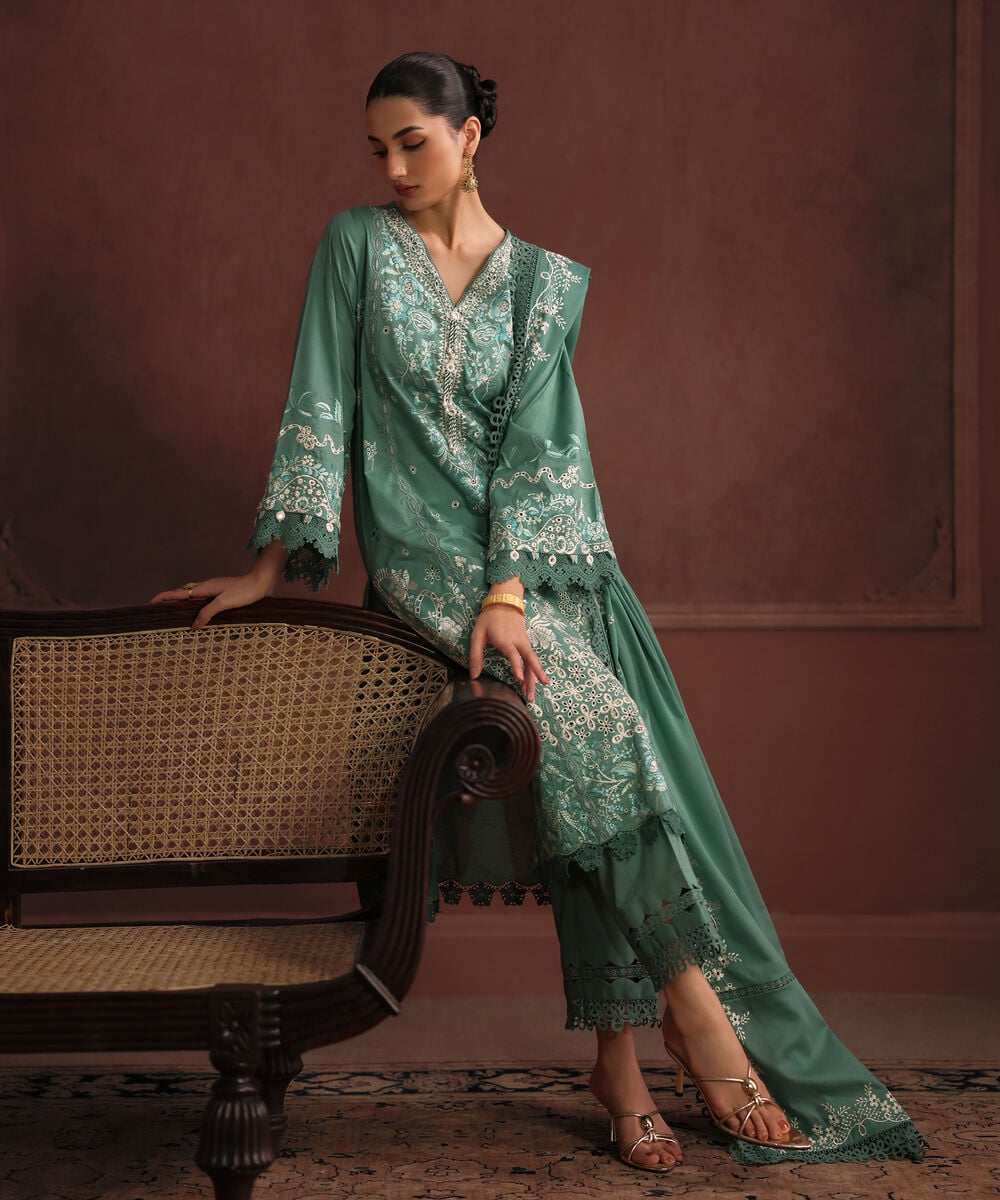 Women's RTW Self Jacquard Solid Embroidered Sand Green 3 Piece Suit