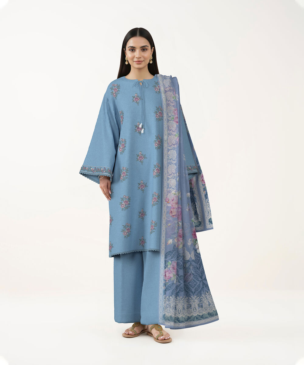 Women's Unstitched Lawn Blue Embroidered 3 Piece Suit