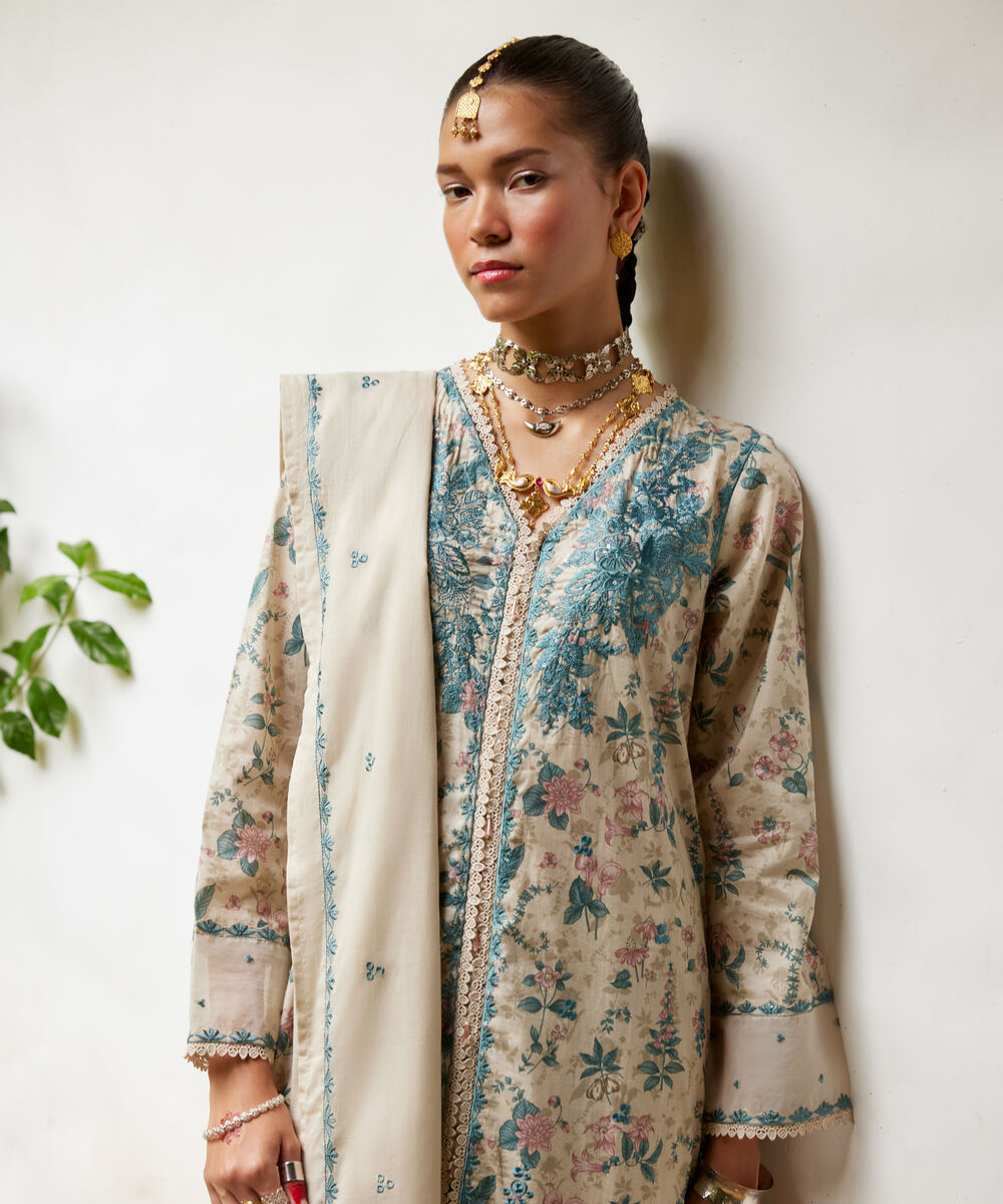 Women's RTW Lawn Embroidered Sand Green A-Line Shirt