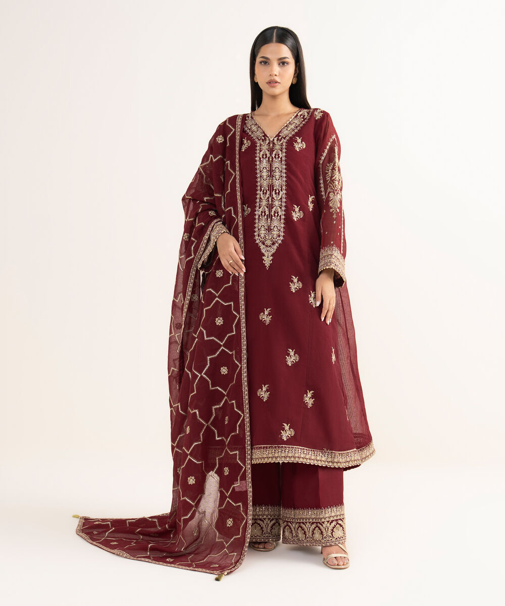 Women's RTW Blended Textured Karandi Maroon Embroidered 3 Piece Suit