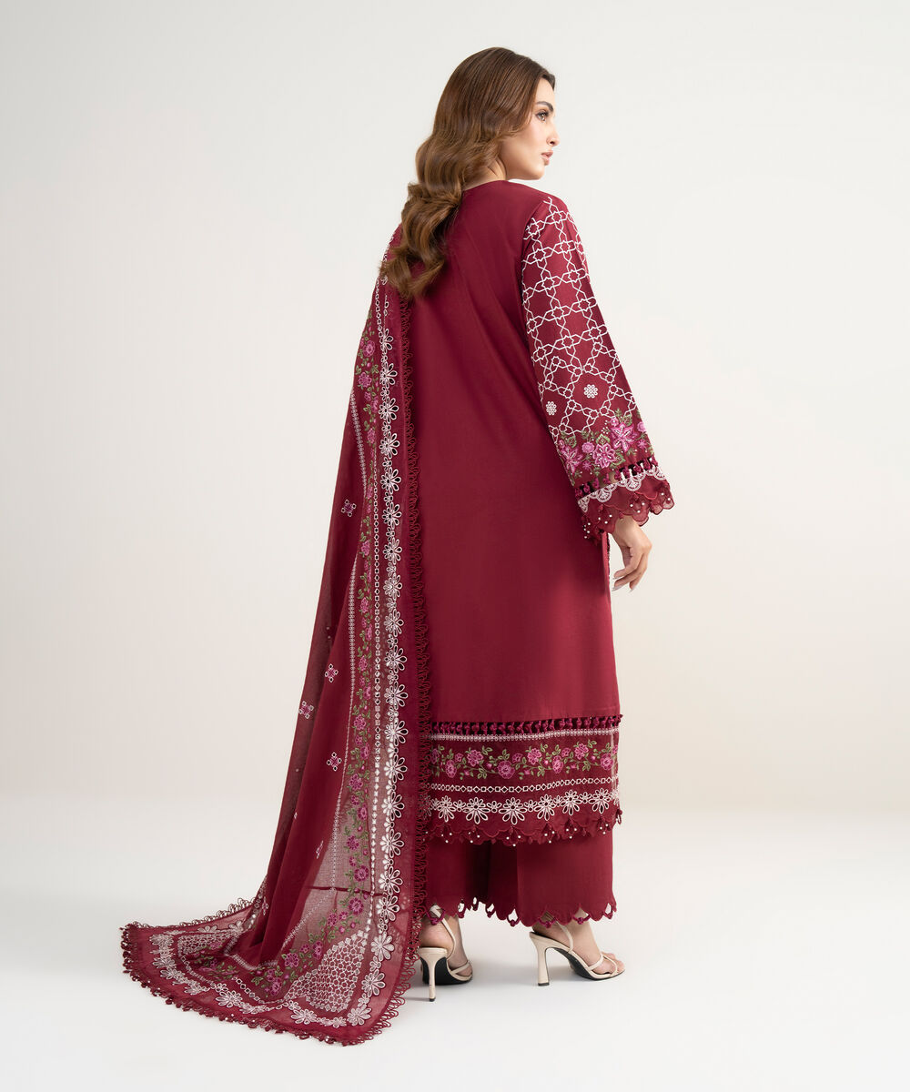 Women's Unstitched Lawn Embroidered Red 3 Piece Suit