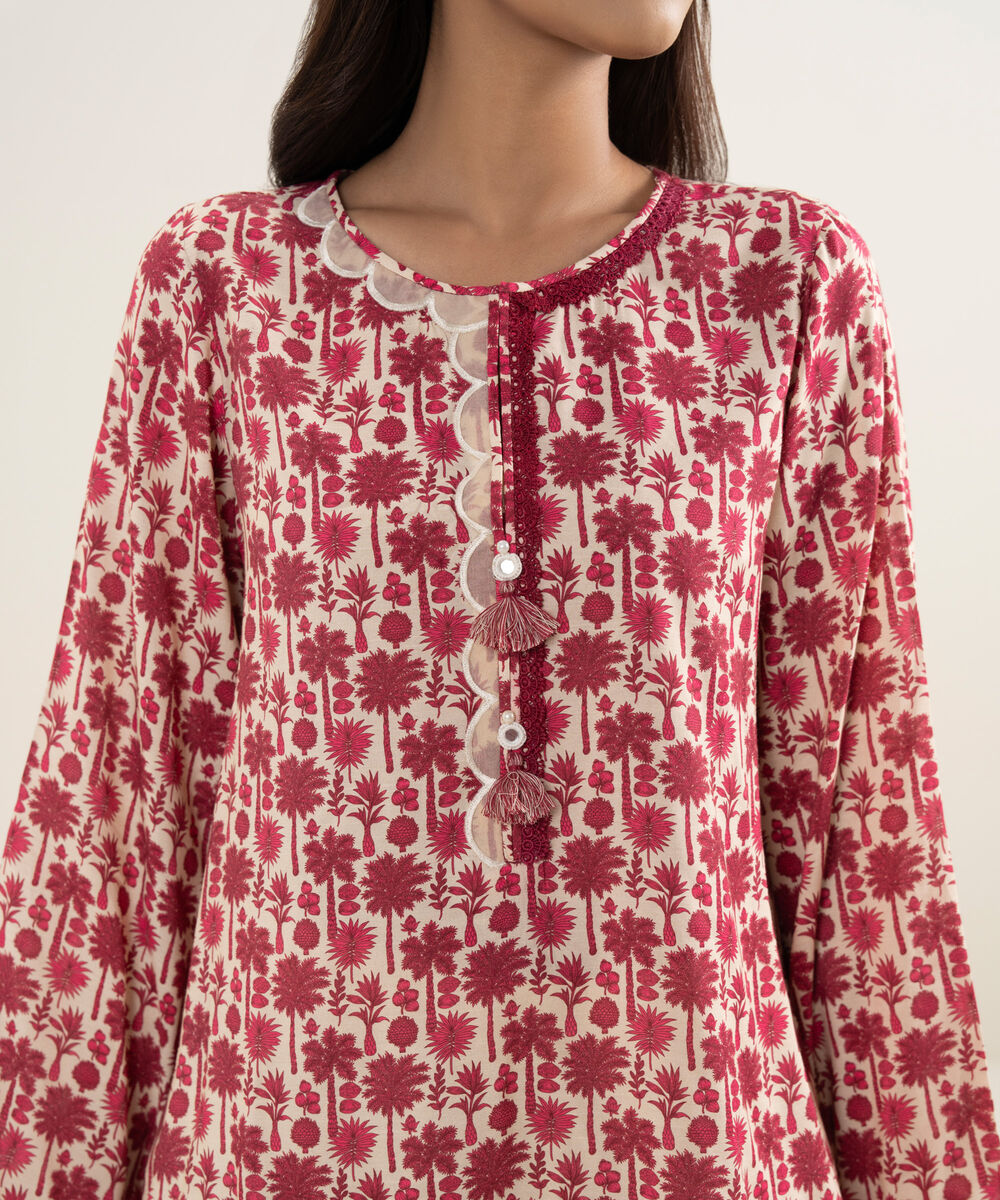 Women's RTW Viscose Raw Silk Embroidered Pink Straight Shirt
