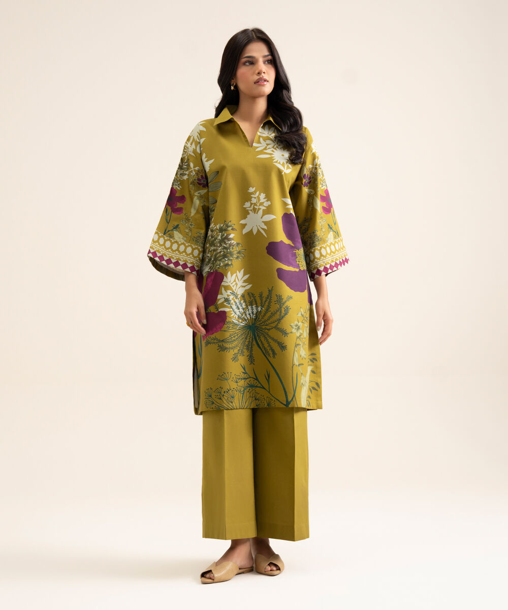 Women's Unstitched Cotton Printed Mustard 2 Piece Suit