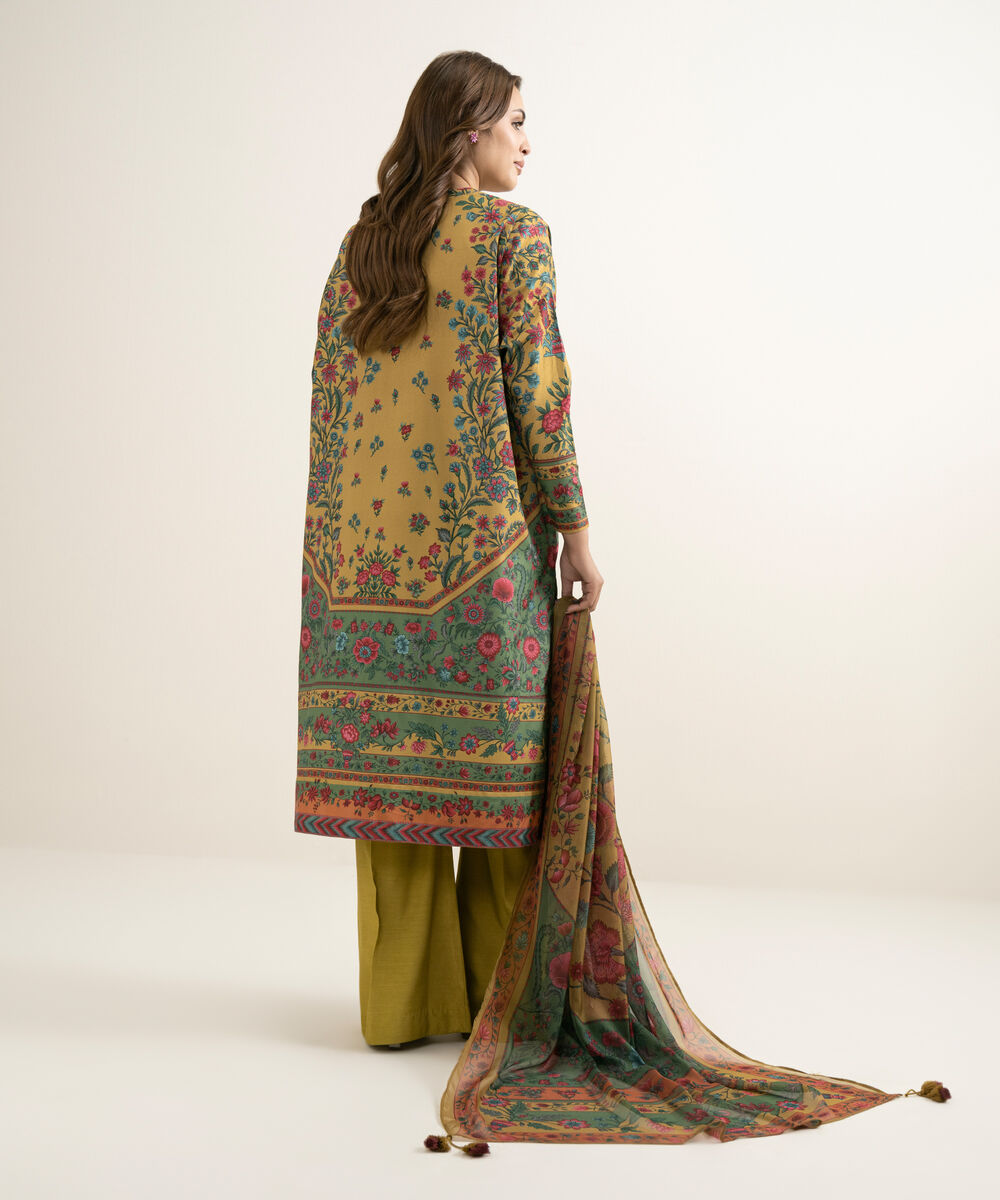Women's Unstitched Blended Grip Silk Embroidered Yellow 3 Piece Suit