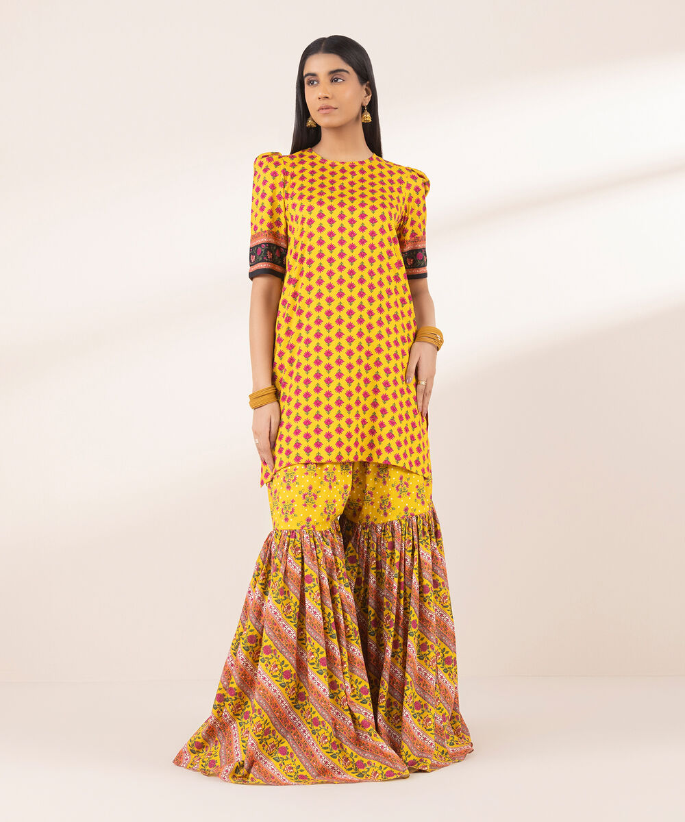 Women's RTW Arabic Lawn Yellow Printed A-Line Shirt