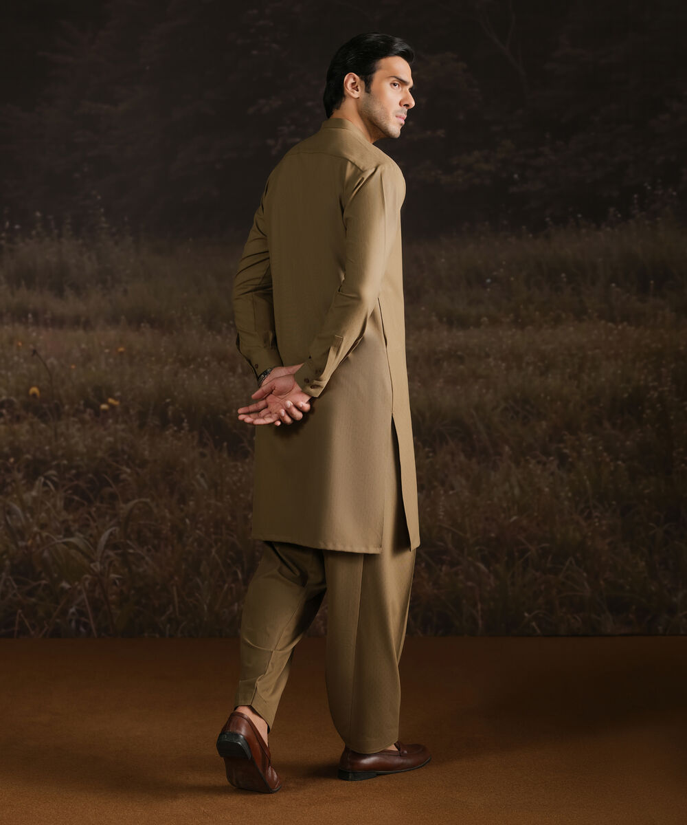 Men Unstitched Wash & Wear Khaki Full Suit Fabric