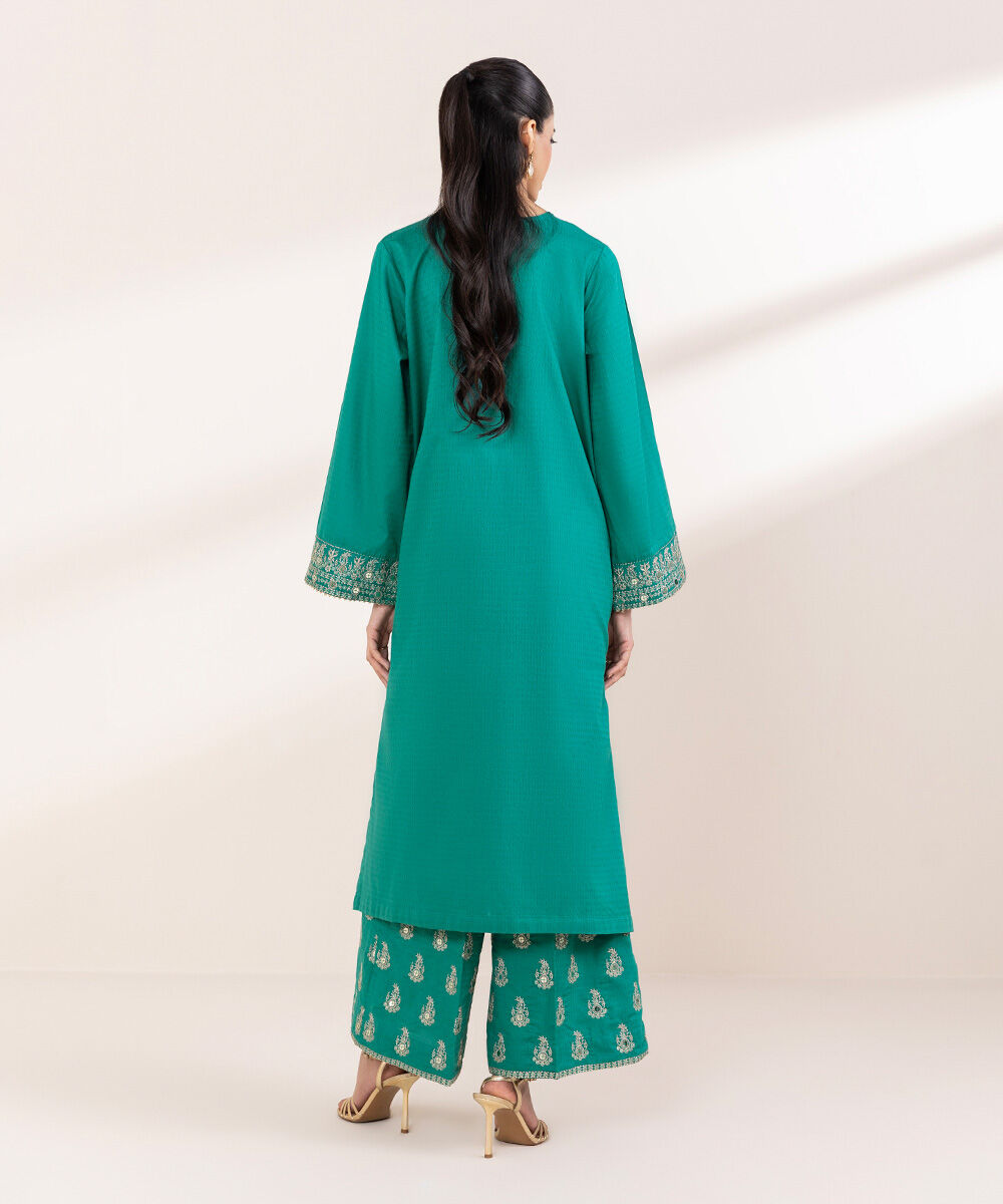 Women's RTW Dobby Green Embroidered A-Line Shirt