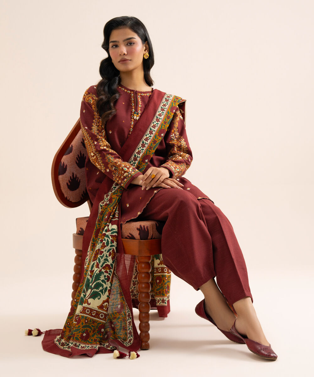 Women's Unstitched Light Khaddar Embroidered Multi 3 Piece Suit