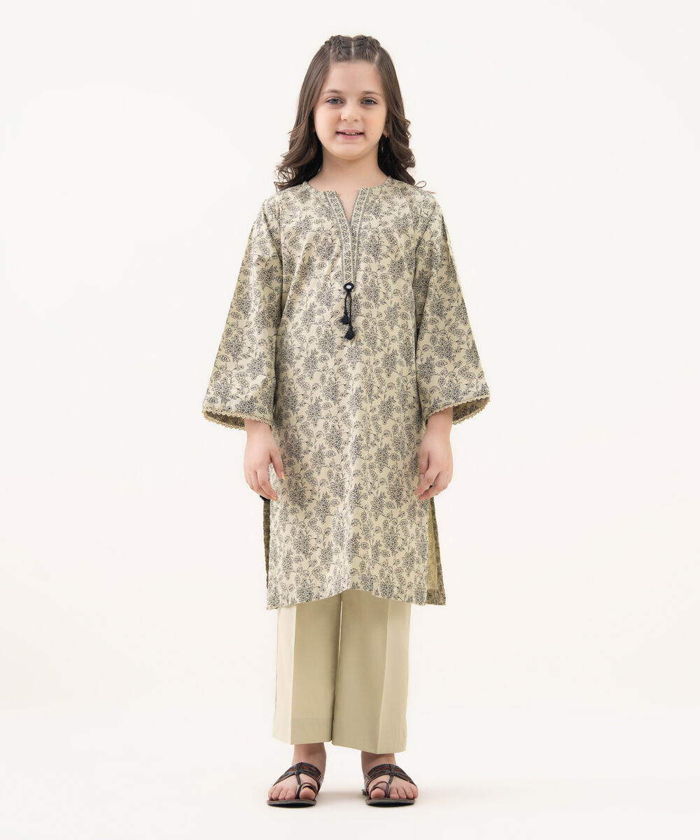 Girl's Cotton Viscose Printed Beige 2 Piece Suit