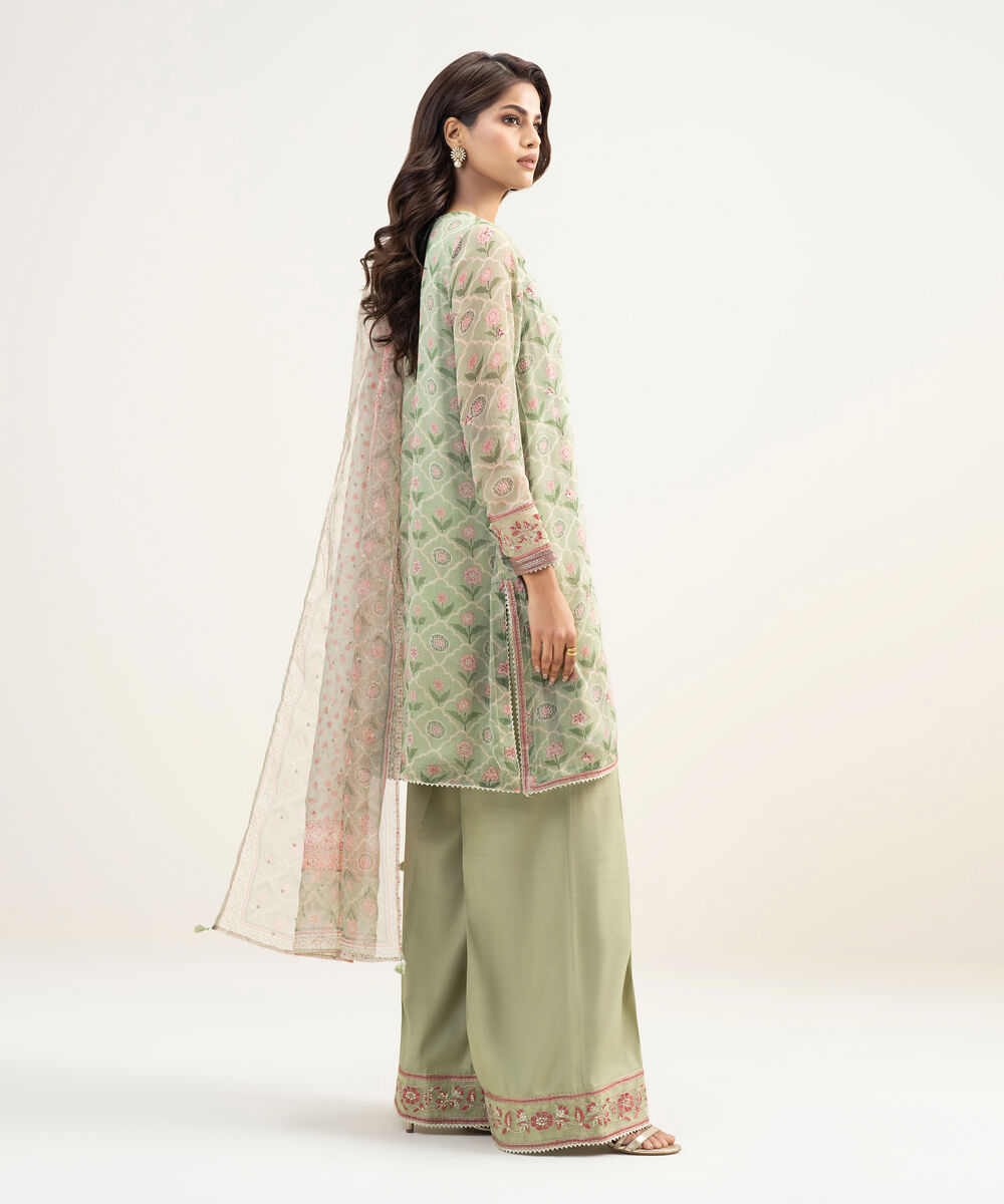 Women's RTW Blended Chiffon Embroidered Green 3 Piece Suit