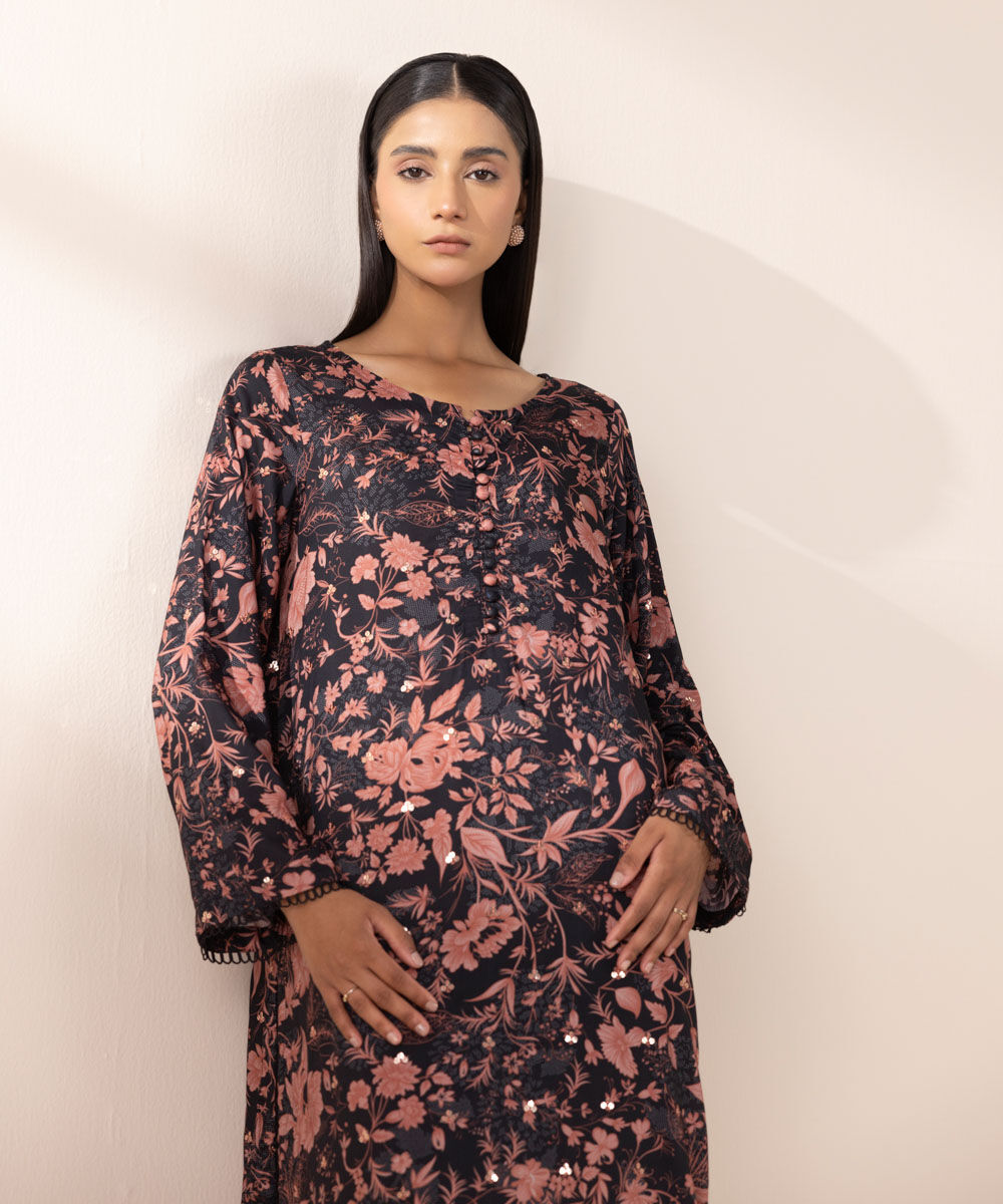 Women's Pret Arabic Lawn Black Embroidered A-Line Shirt