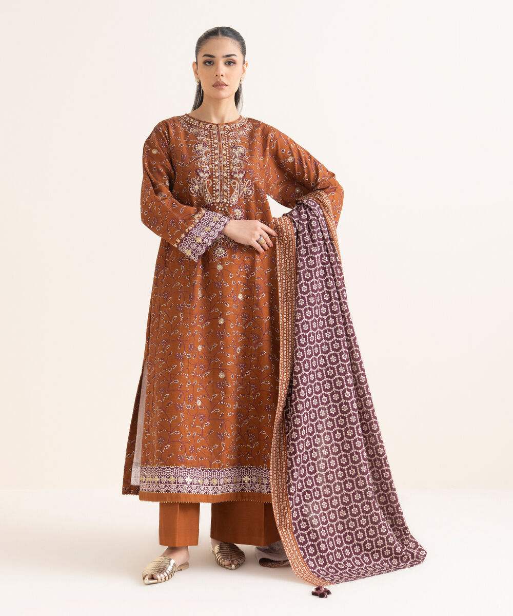 Women's Unstitched Embroidered Khaddar Orange 3 Piece Suit