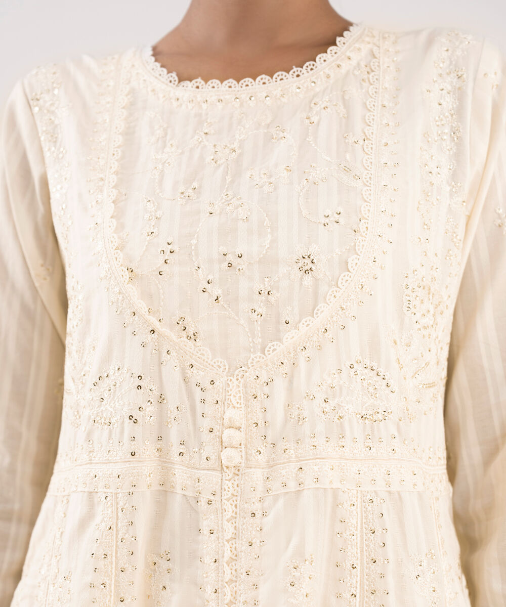 Women's RTW Textured Lawn Off White Embroidered Pishwas
