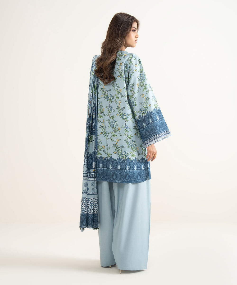 Women's Unstitched Lawn Embroidered Blue 3 Piece Suit