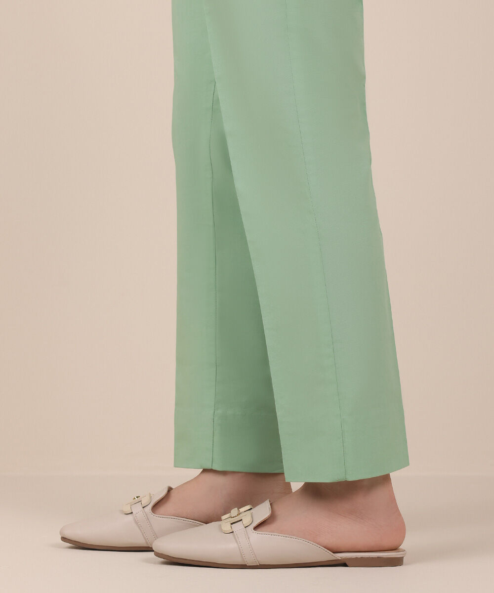 Women's Unstitched Cotton Solid Green Trousers