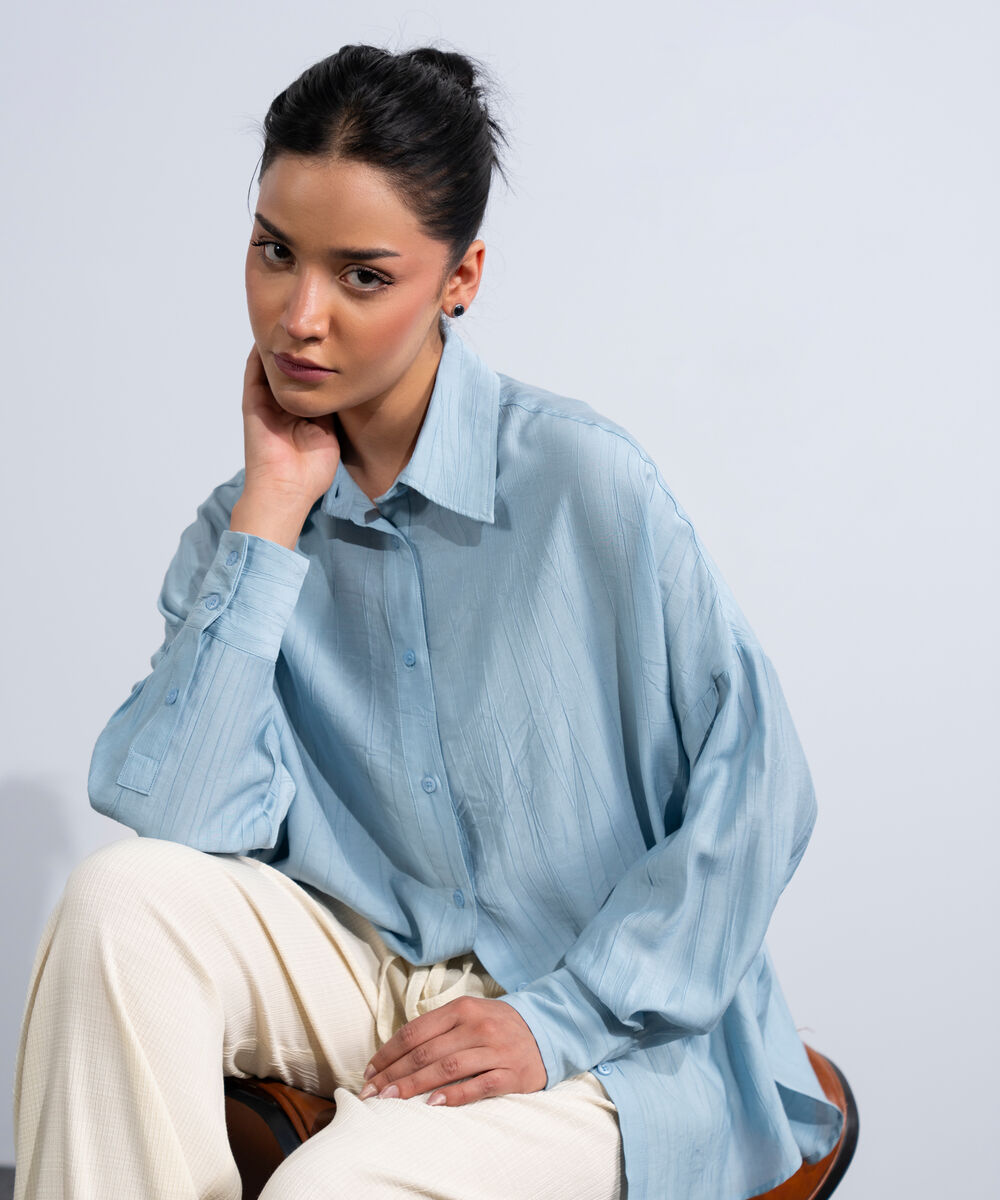 Women's Western Light Blue Oversized Textured Shirt