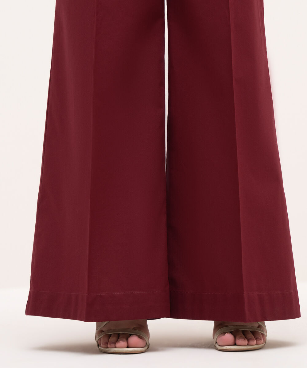 Women's RTW Cambric Maroon Solid Flared Pants