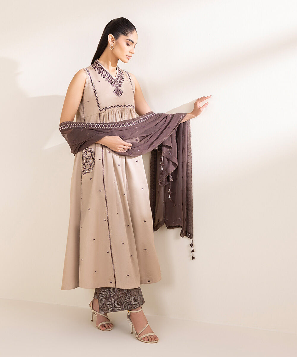 Unstitched Women's Embroidered Fine Cotton Satin Beige Three Piece Suit