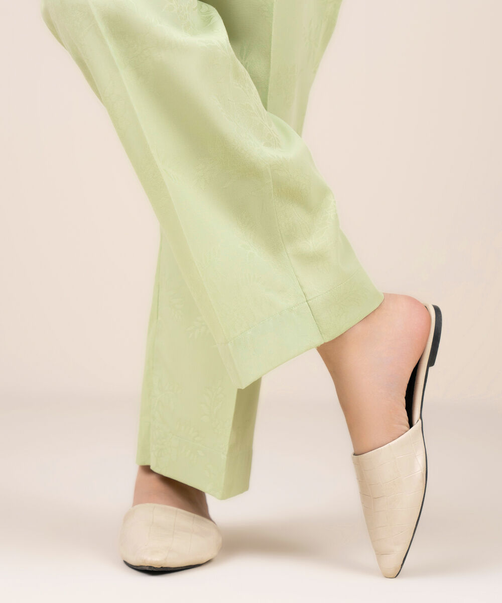 Women's RTW Self Jacquard Leno Solid Green Straight Pants