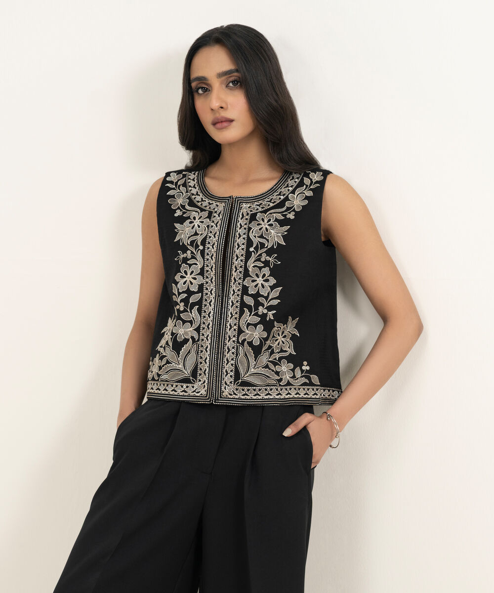 Women's RTW Dobby Embroidered Black Waistcoat