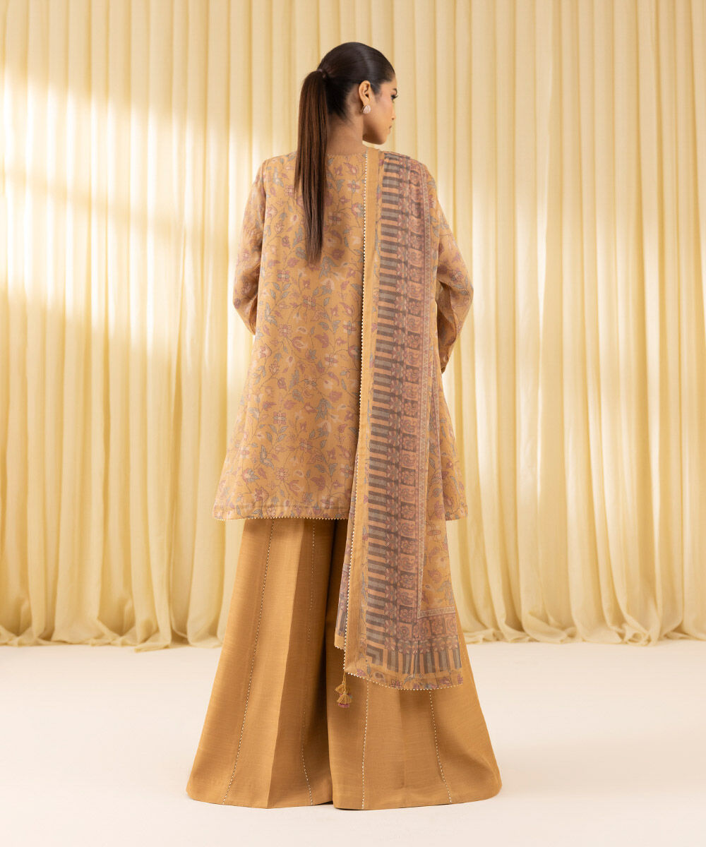 Unstitched Women's Yellow Chiffon Embroidered 3 Piece Suit