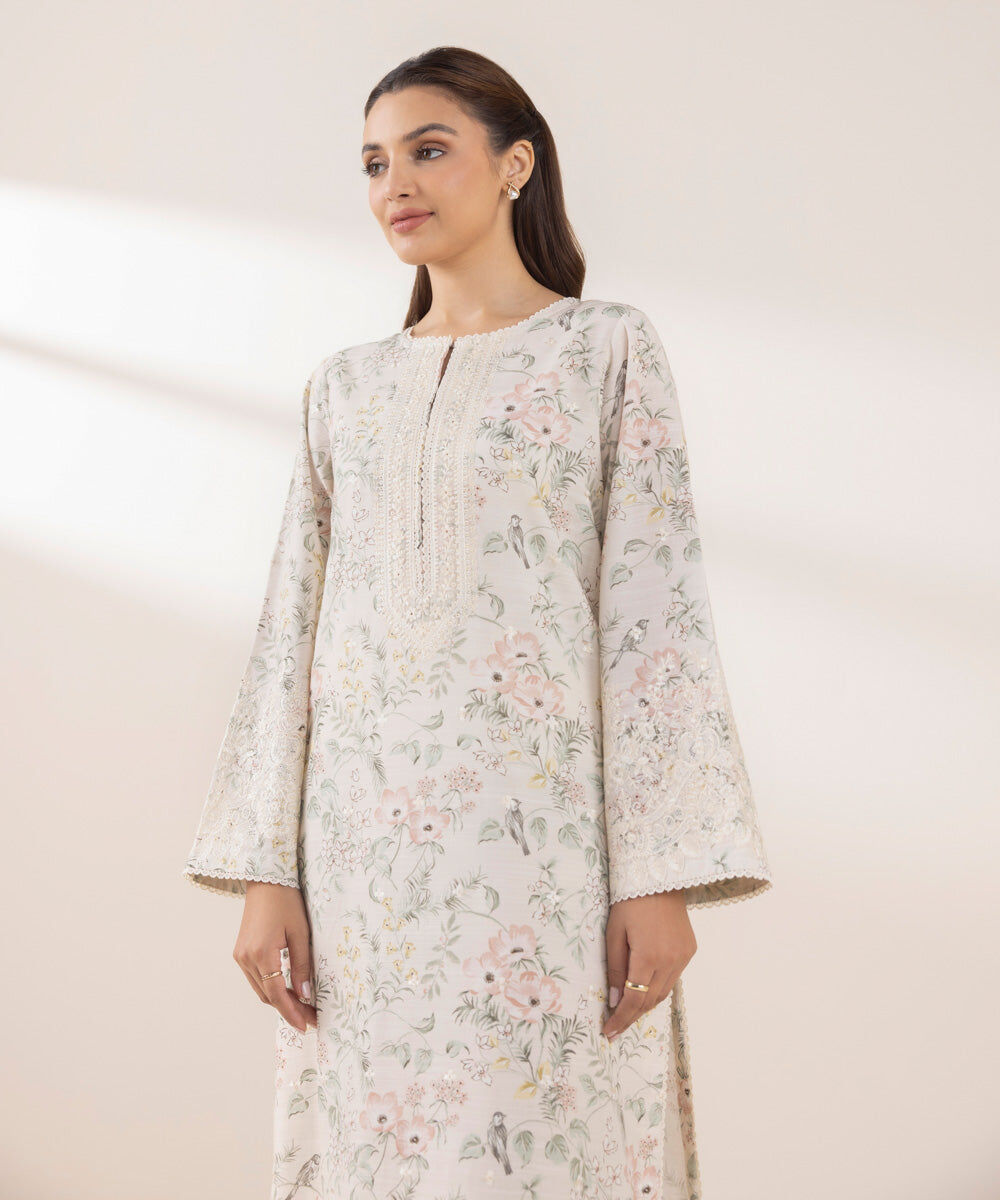 Woman - Off White Embroidered Khaddar Shirt