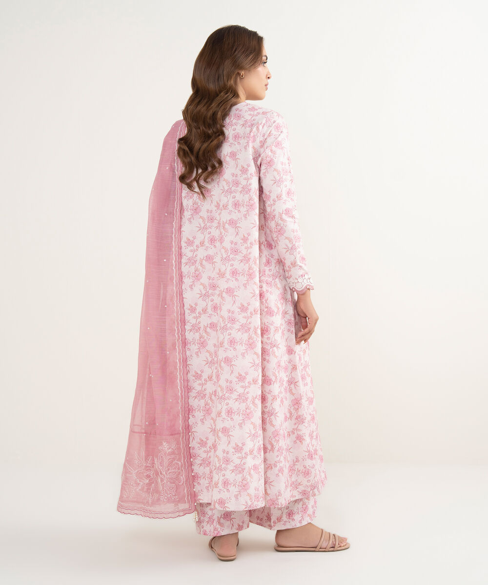 Women's Unstitched Zari Lawn Embroidered Pink 3 Piece Suit