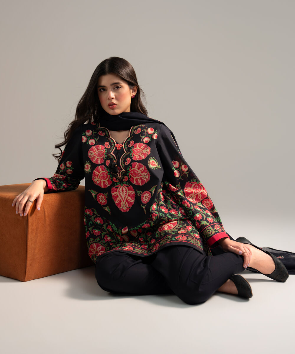 Women's RTW Lawn Printed Black 3 Piece Suit