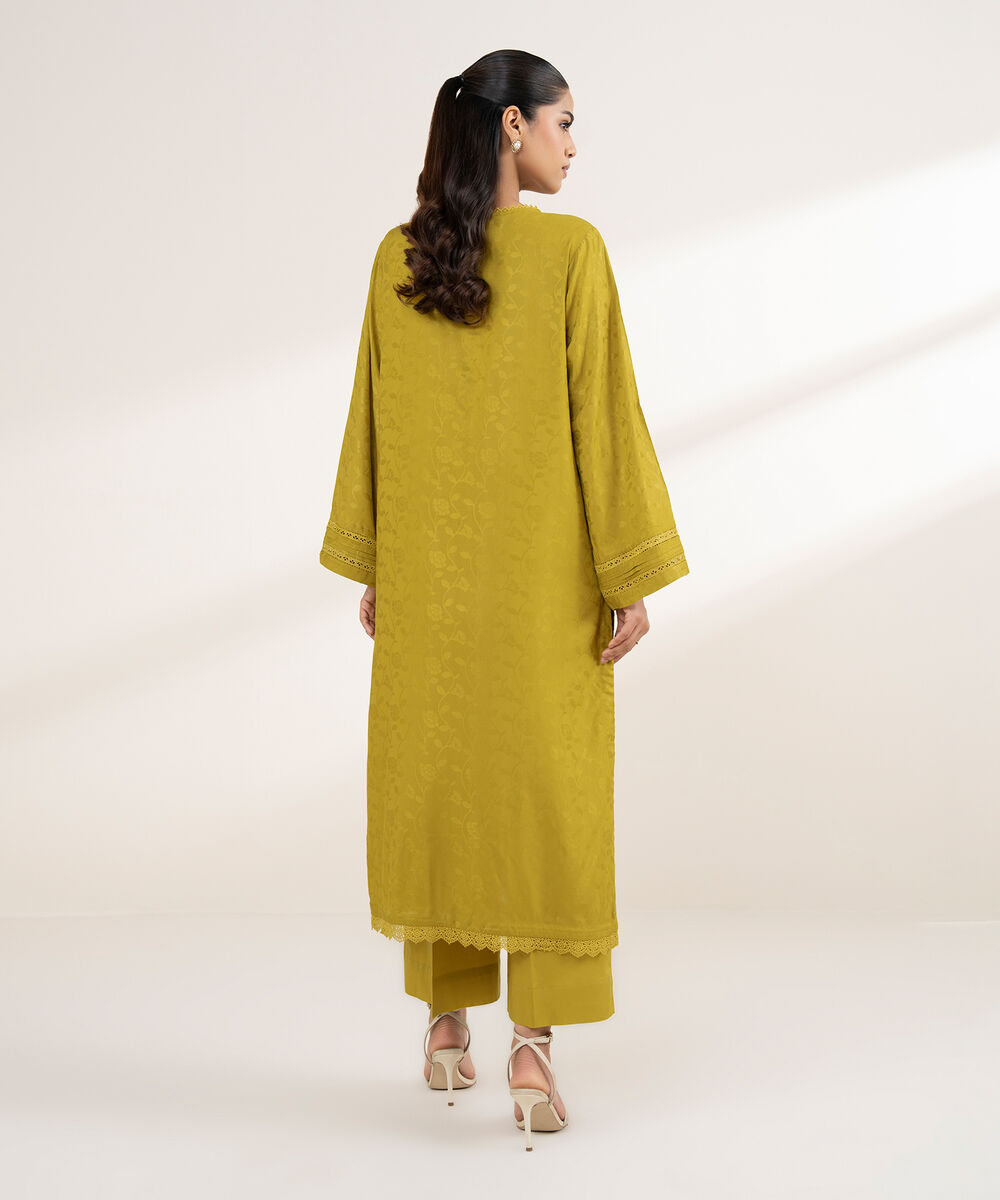 Women's RTW Arabic Self Jacquard Yellow Solid A-Line Shirt