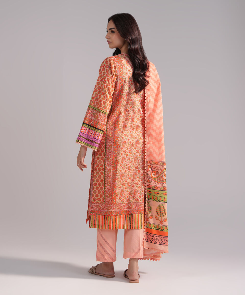 Women's RTW Lawn Printed Peach 3 Piece Suit