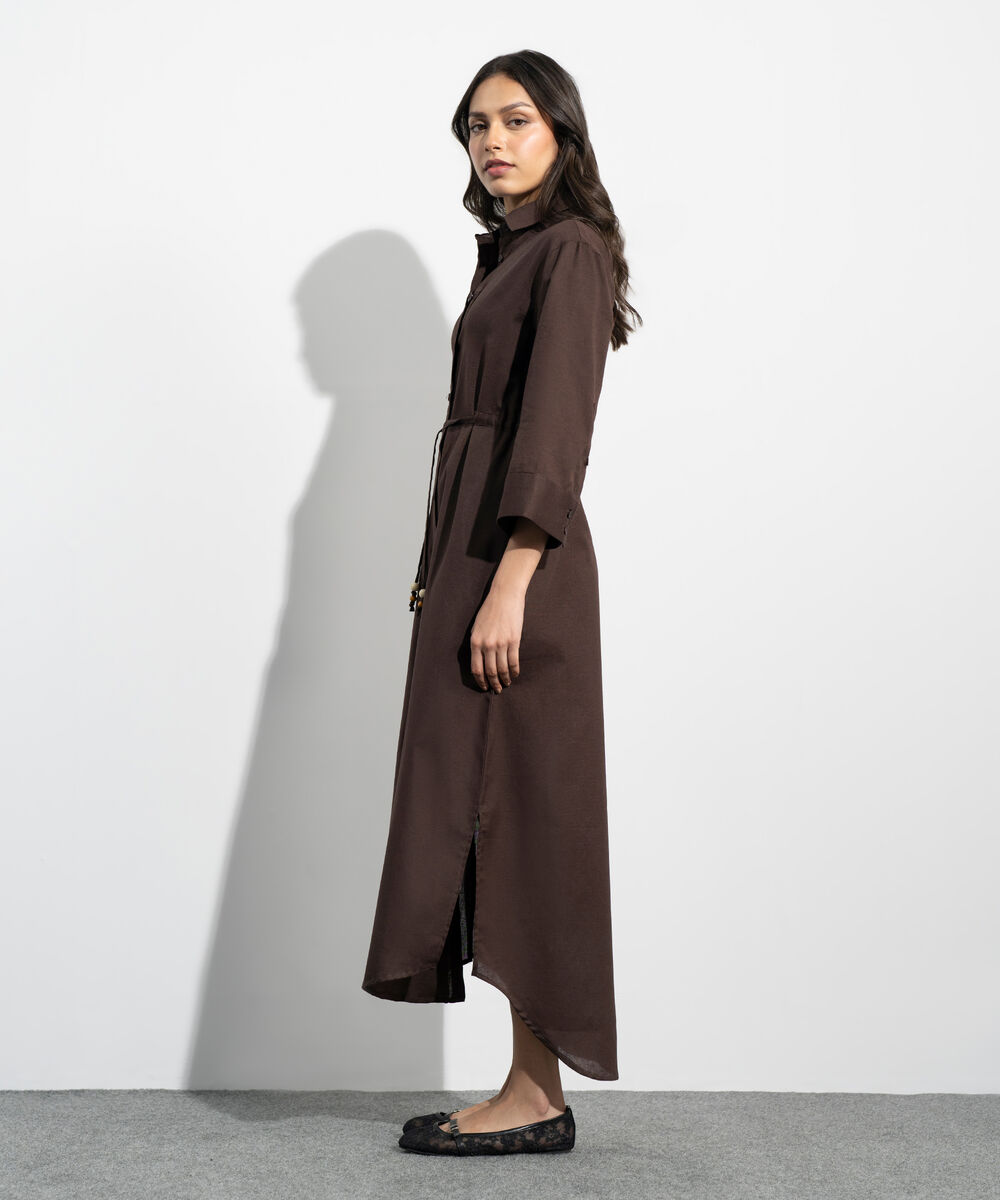 Women's Western Brown Linen Blend Dress With Waist Drawcord